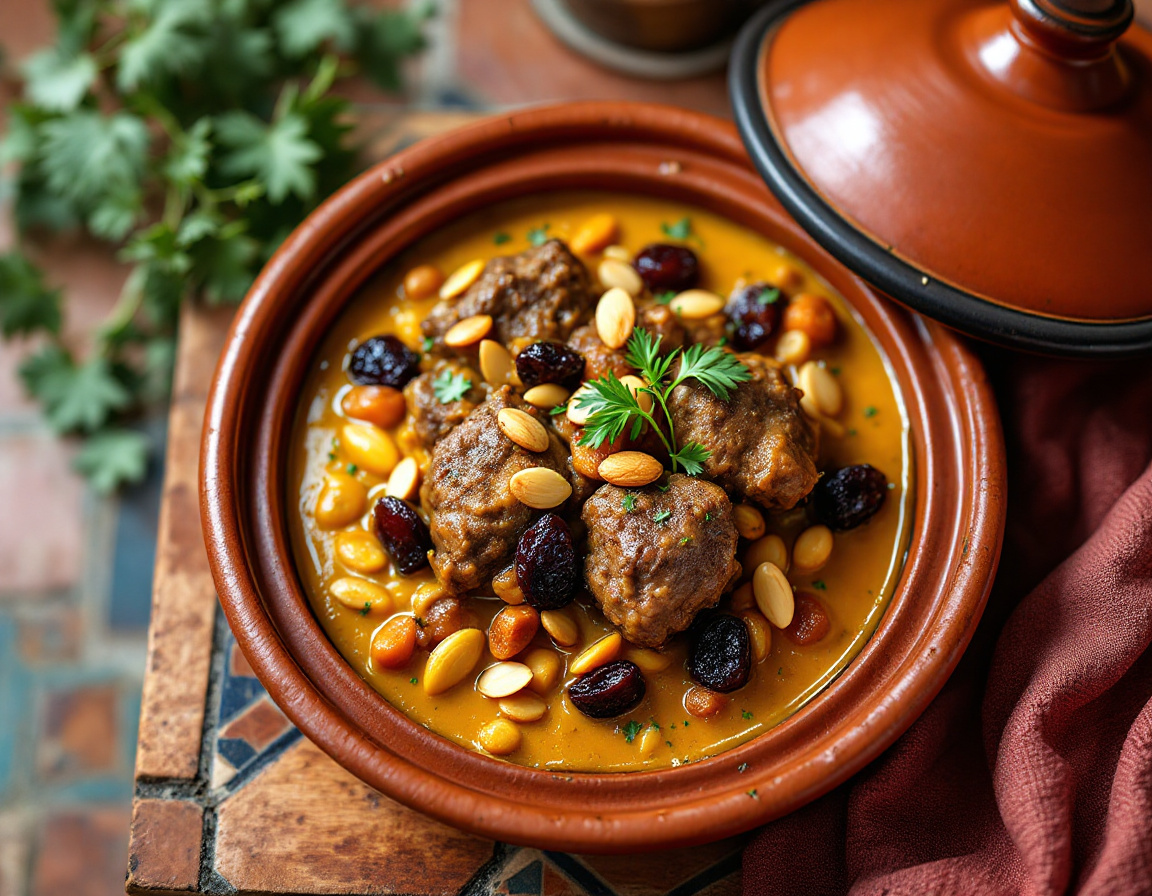 Moroccan lamb tagine with prunes and almonds in a traditional earthenware pot