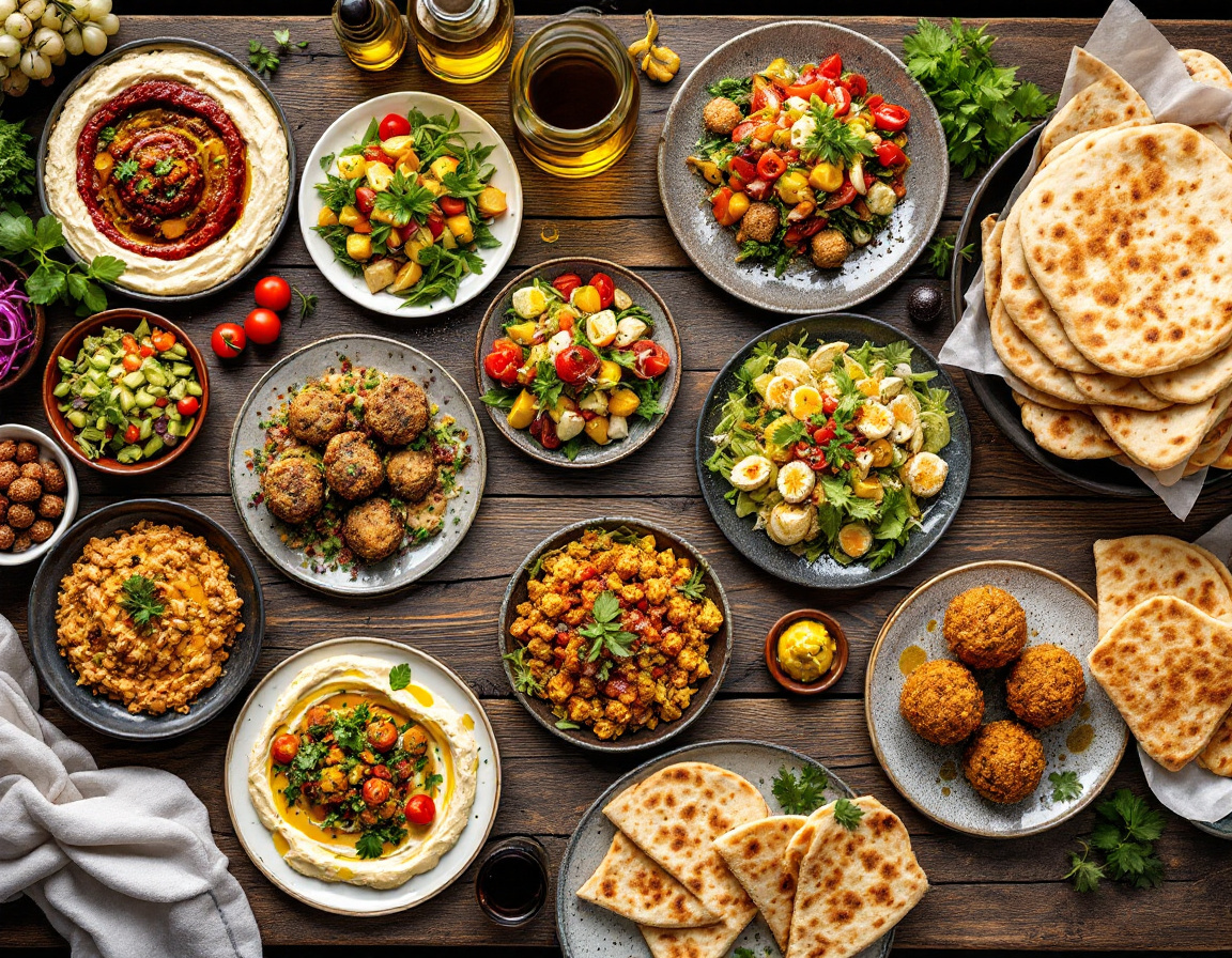Lebanese mezze spread with hummus, baba ghanoush, tabbouleh and warm pita