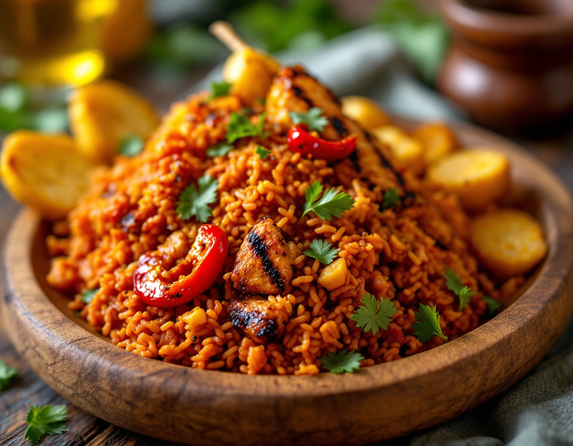 West African jollof rice with grilled chicken suya and fried plantains