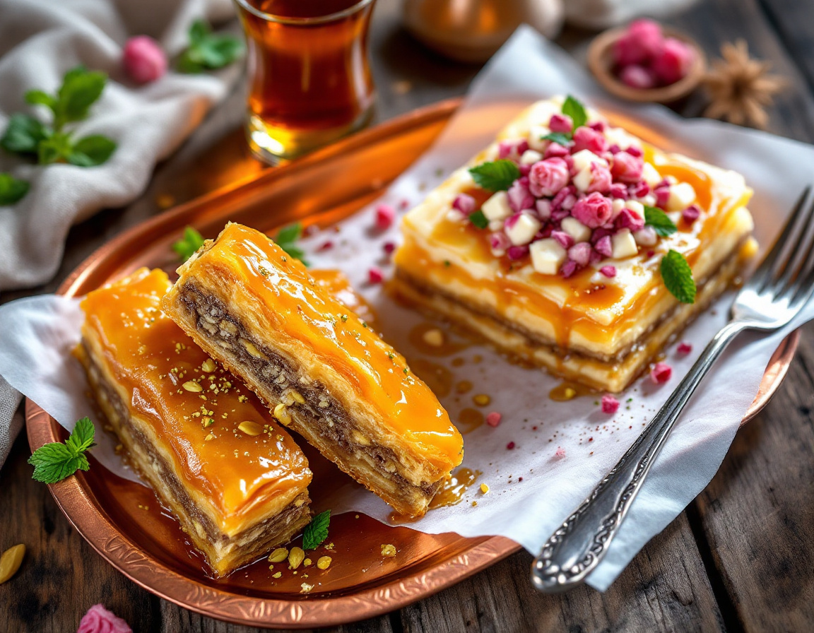 Middle Eastern baklava and knafeh on a copper tray with mint tea