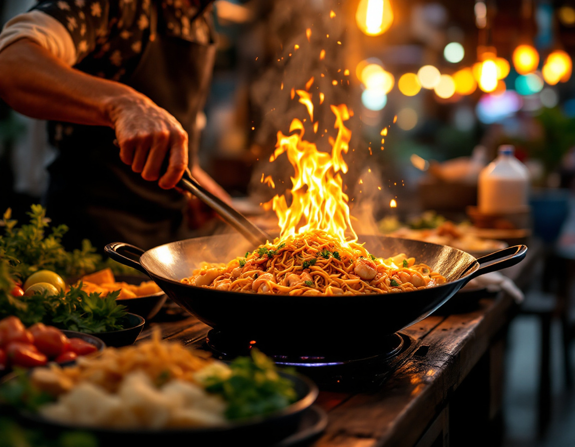 Bangkok street food vendor cooking pad thai with flames rising from the wok