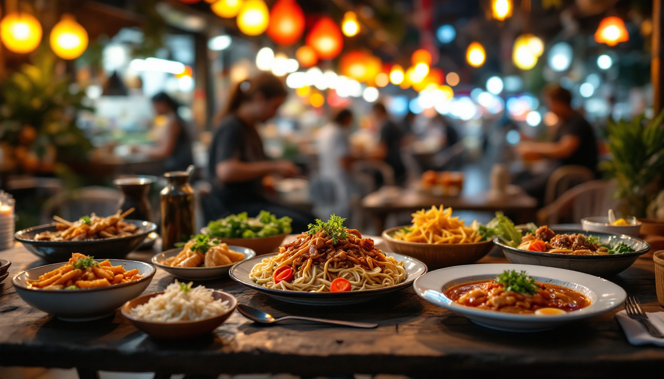 Pan-Asian night market with multiple food stalls, neon lights and steaming woks