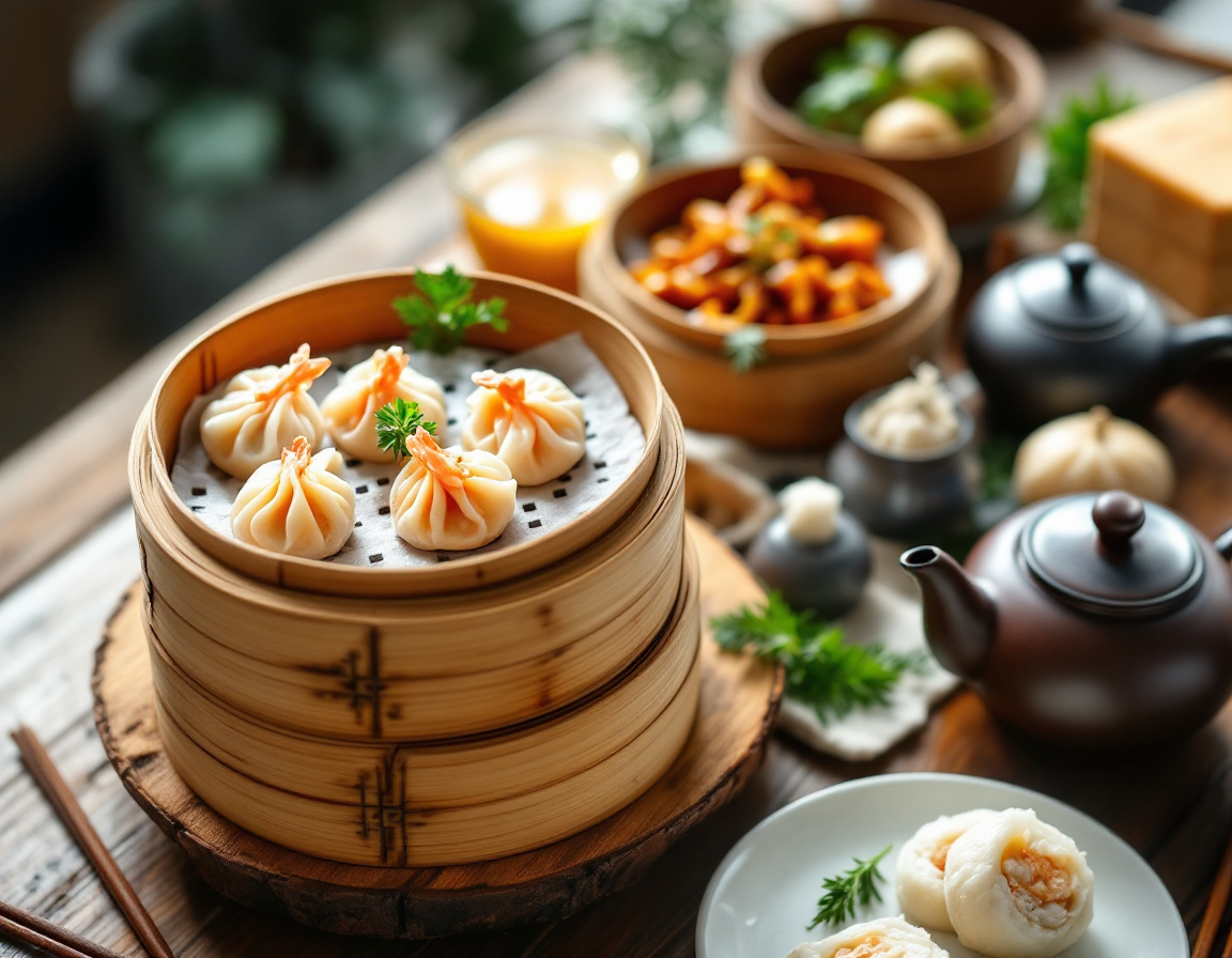 Hong Kong dim sum spread with har gow, siu mai and char siu bao in bamboo steamers