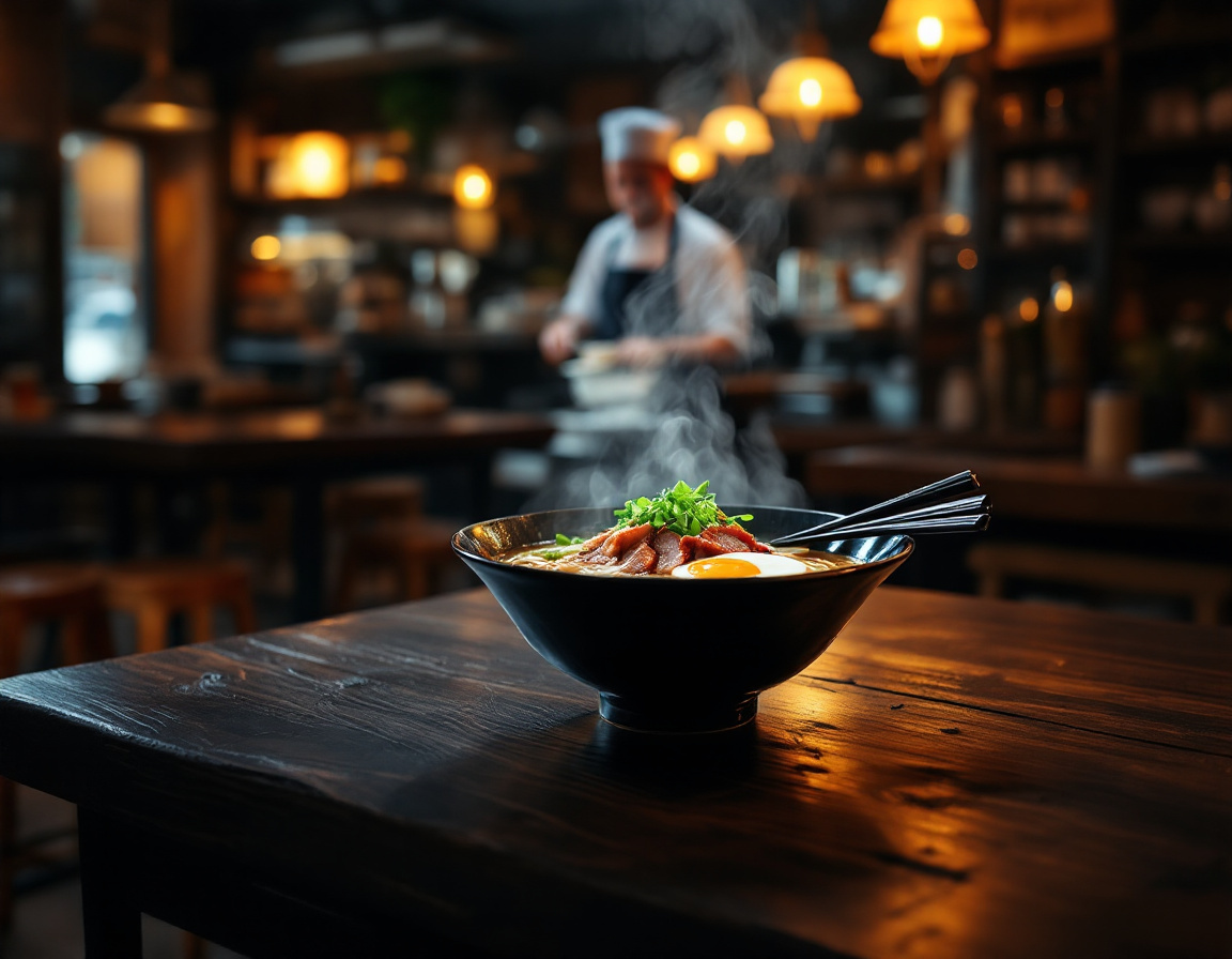 Bowl of tonkotsu ramen at an intimate Tokyo ramen counter