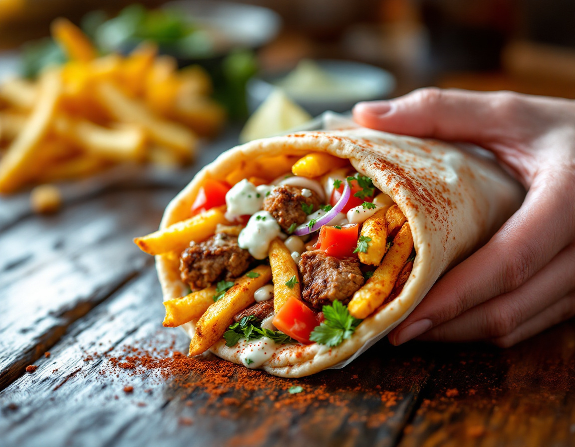 A Greek gyros pita wrap with pork, tzatziki and fries from an Athens street stand