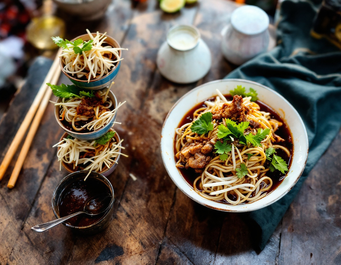 Bangkok boat noodles in small bowls stacked at a Victory Monument street shop