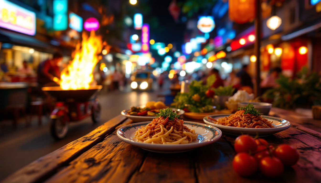 Bangkok street food scene at dusk with neon signs, wok flames and crowds of locals eating