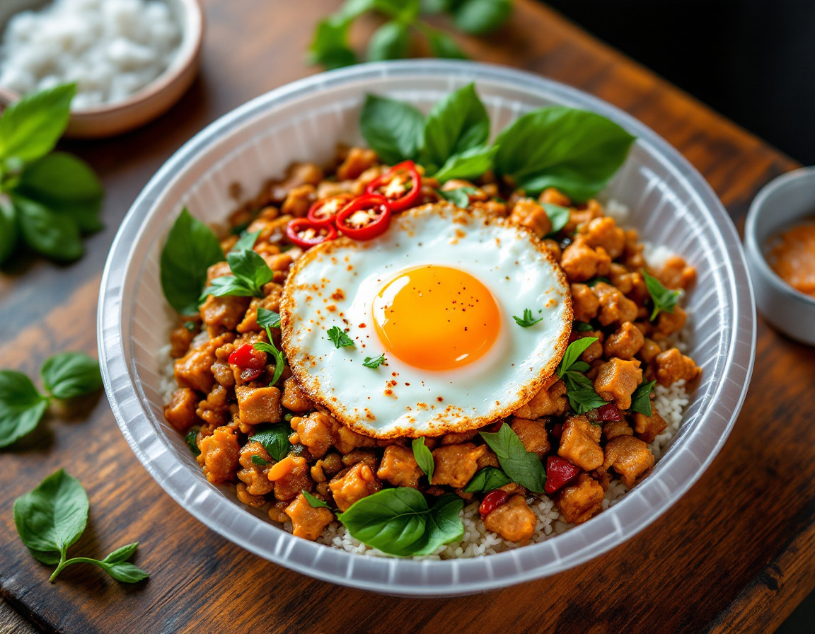 Pad kra pao Thai holy basil pork over rice with crispy fried egg on a Bangkok street stall plate