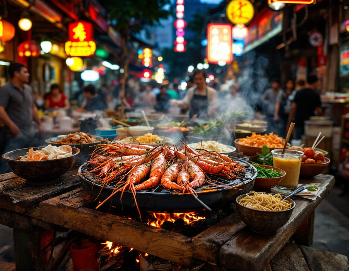 Yaowarat Road in Bangkok Chinatown packed with seafood stalls and neon signs at night