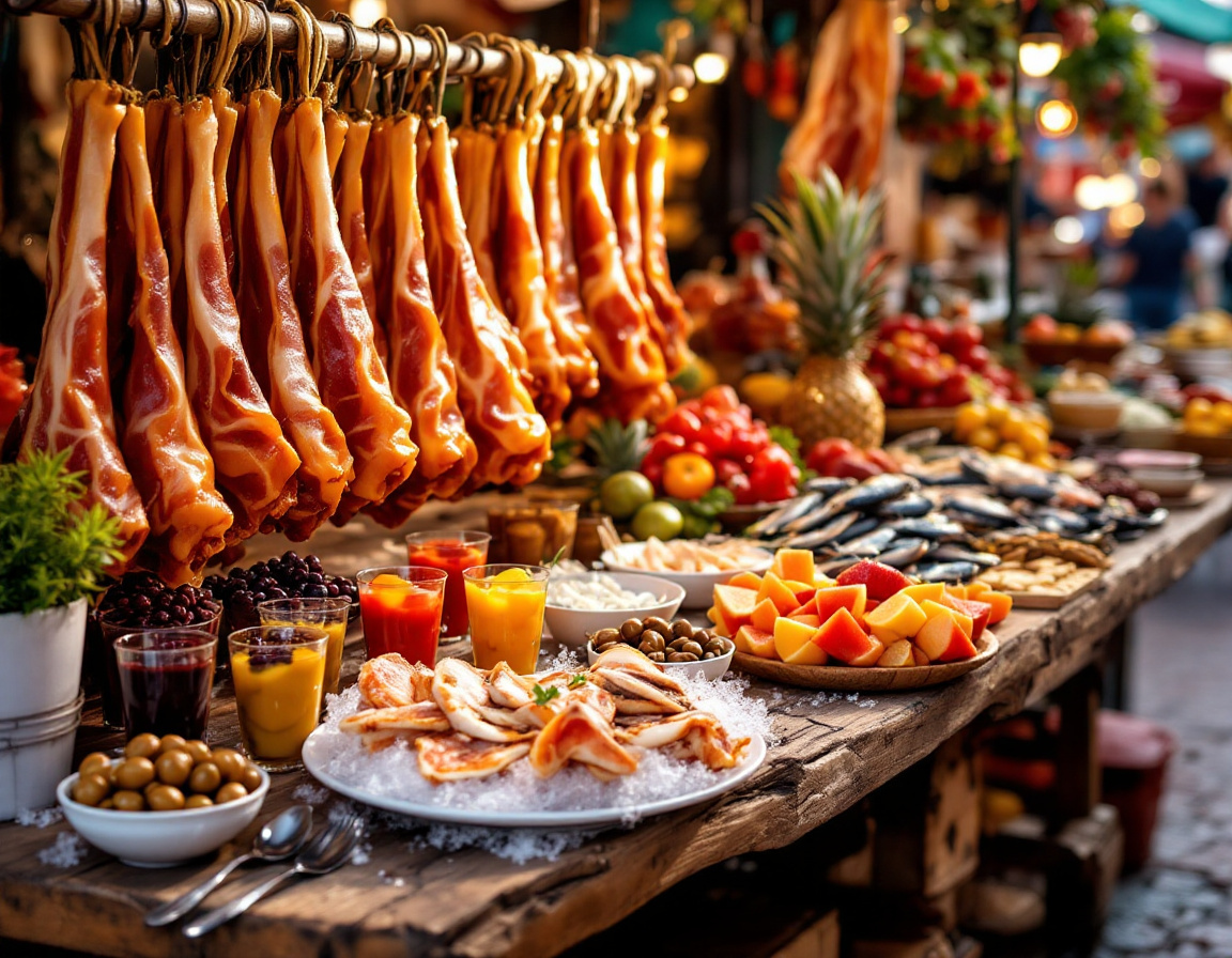 A La Boqueria market stall in Barcelona with hanging jamon, fruit cups and fresh seafood
