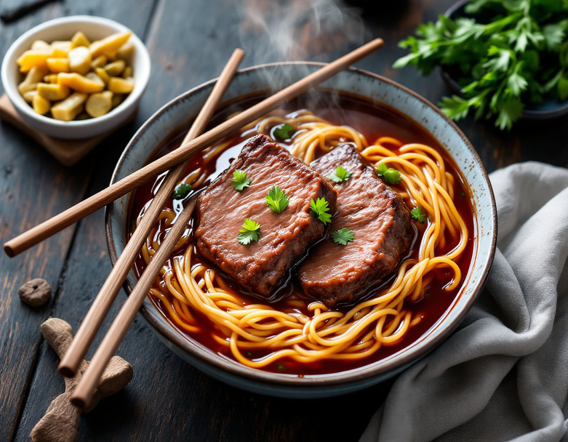 Bowl of Taiwanese beef noodle soup with red-braised broth, beef chunks and pickled mustard greens