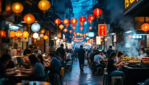 Raohe Night Market in Taipei at evening with food stalls and red lanterns overhead