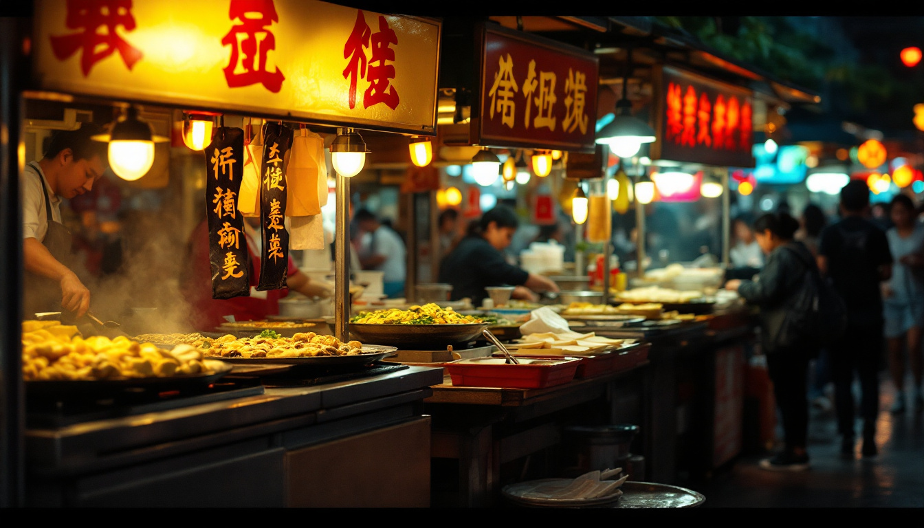 Taipei night market street with food stalls, red signage and evening crowd