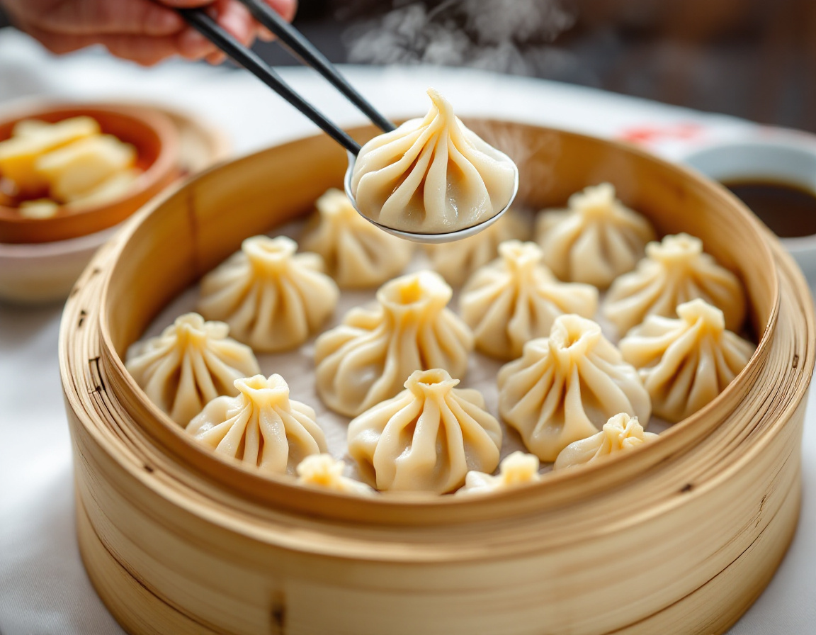 Xiaolongbao soup dumplings at Din Tai Fung being lifted from a steamer with chopsticks