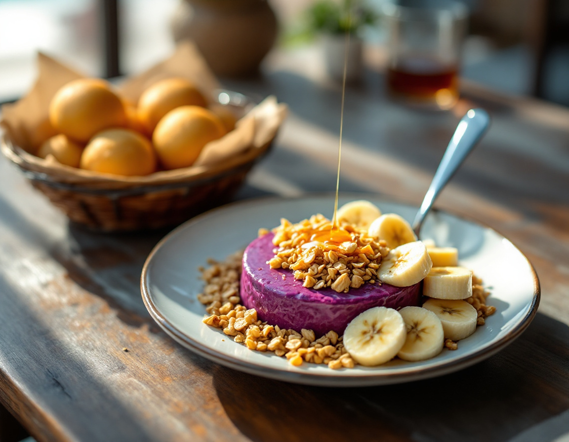 Acai bowl with granola and banana plus warm pao de queijo cheese bread
