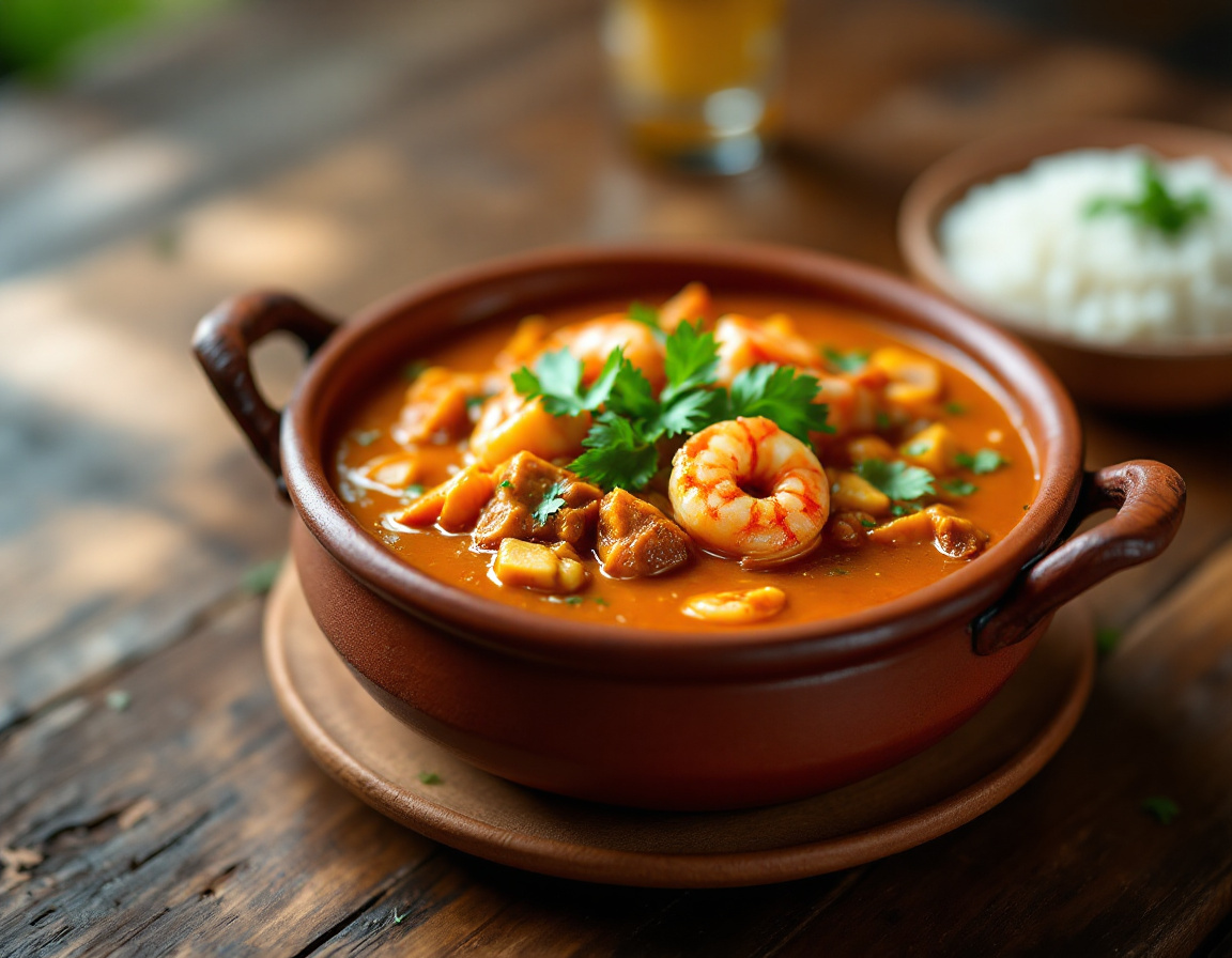 Bahian moqueca with shrimp and fish in traditional clay pot with farofa