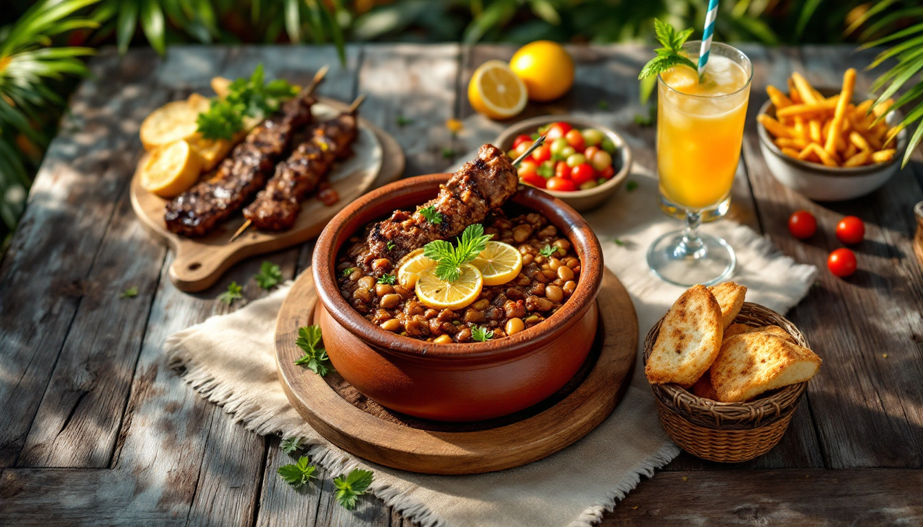 Brazilian food spread with feijoada, picanha, pao de queijo and caipirinha