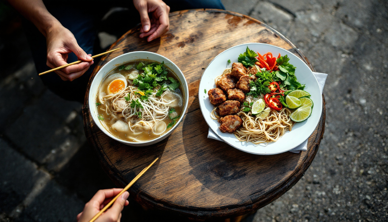 Pho and bun cha at a low plastic-stool street stall in Hanoi