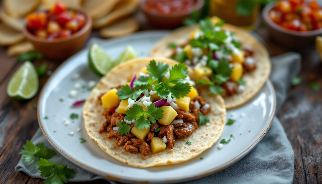 Al pastor street tacos with pineapple, cilantro and lime at a Mexico City stand