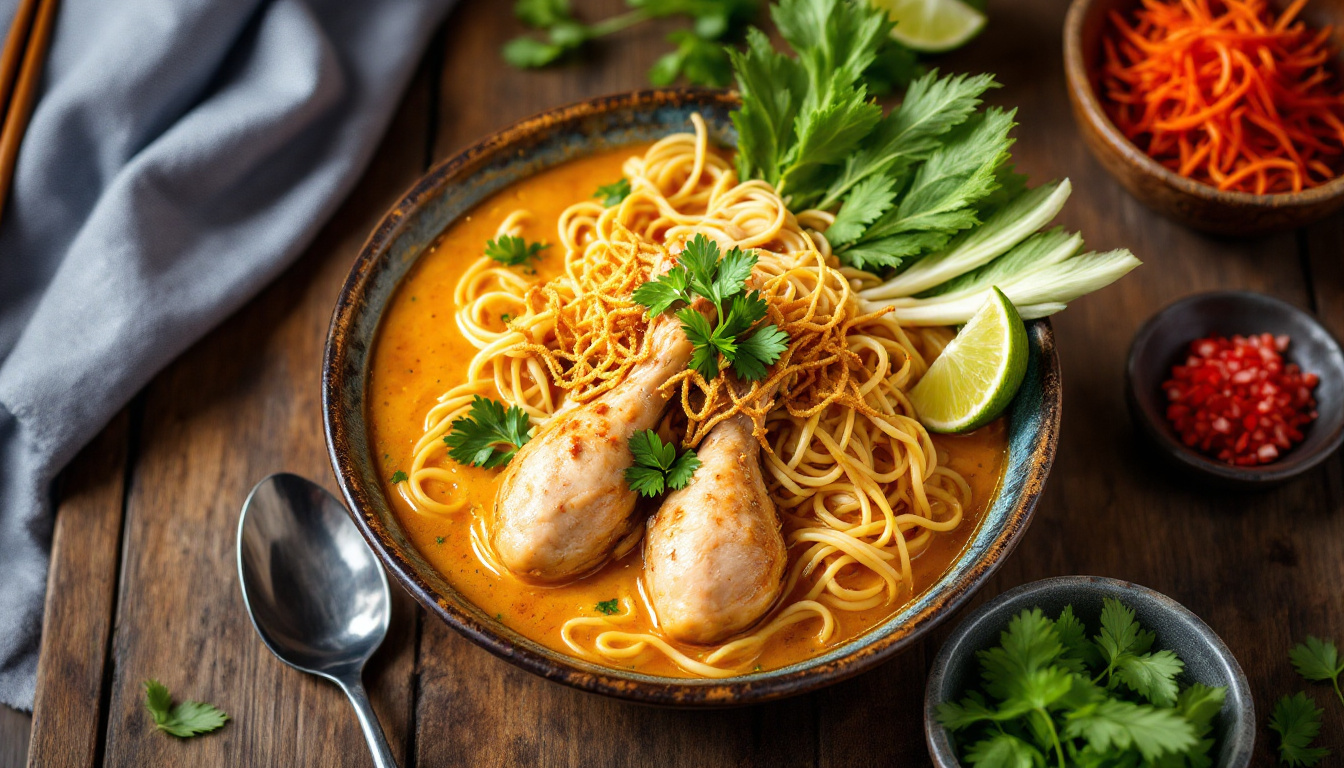 Bowl of khao soi northern Thai curry noodles in Chiang Mai