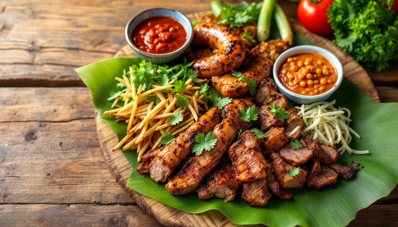 A northern Thai street food platter with sai oua herb sausage, grilled pork and nam prik dips, Chiang Mai night market style