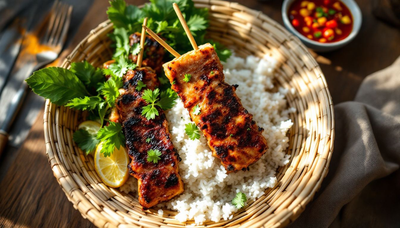 A bamboo basket of northern Thai sticky rice next to grilled sai oua sausage and a roasted chili nam prik dip