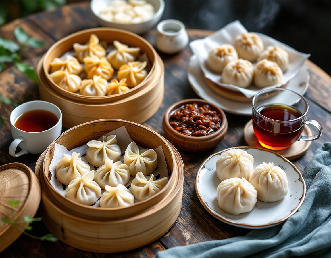 Cantonese dim sum spread with har gow shrimp dumplings, siu mai and char siu bao in bamboo steamers
