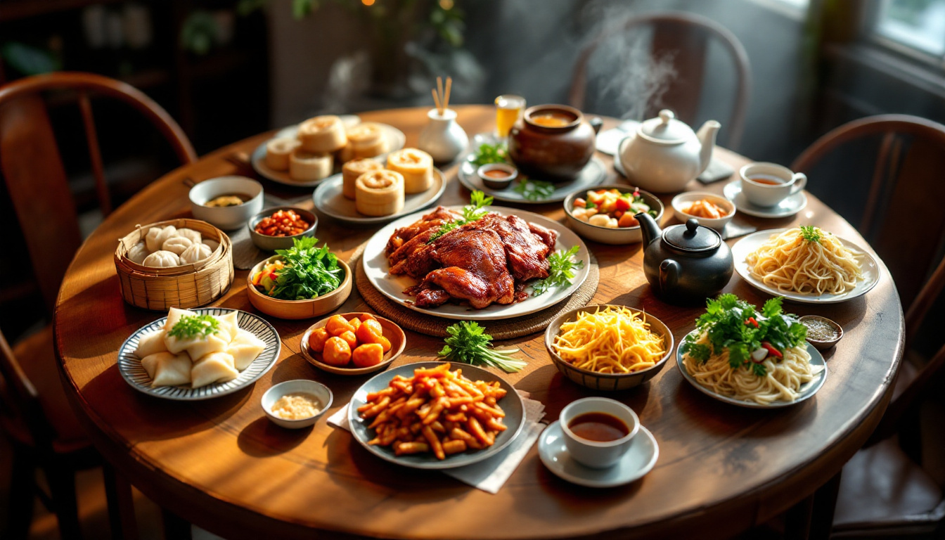 Chinese feast with Peking duck, dim sum, mapo tofu and xiaolongbao around a lazy susan