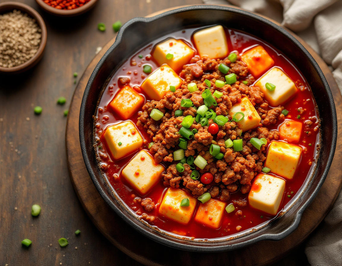 Sichuan mapo tofu with red chili oil, silky tofu cubes and Sichuan peppercorns