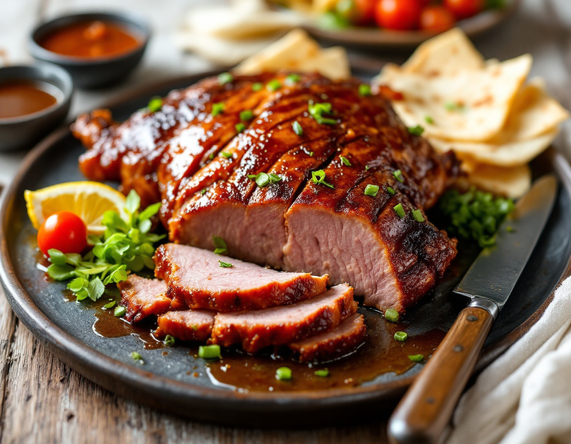 Beijing Peking duck with lacquered crispy skin sliced and served with pancakes and hoisin