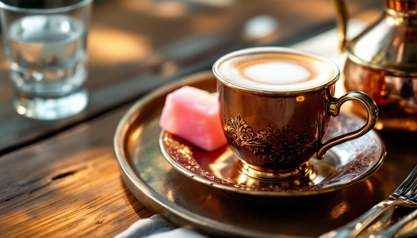 Turkish coffee served from a copper cezve with Turkish delight