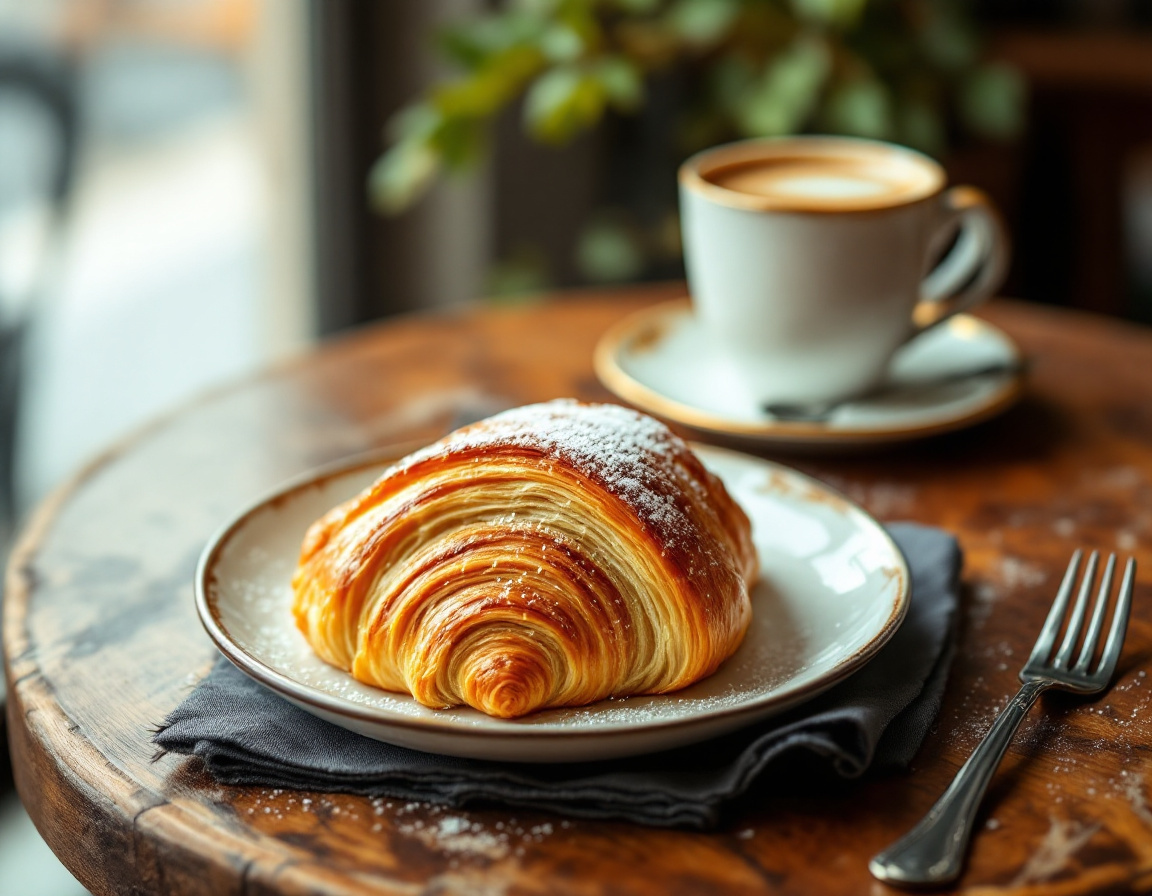 Golden flaky French croissant with cafe au lait at a Parisian bistro table