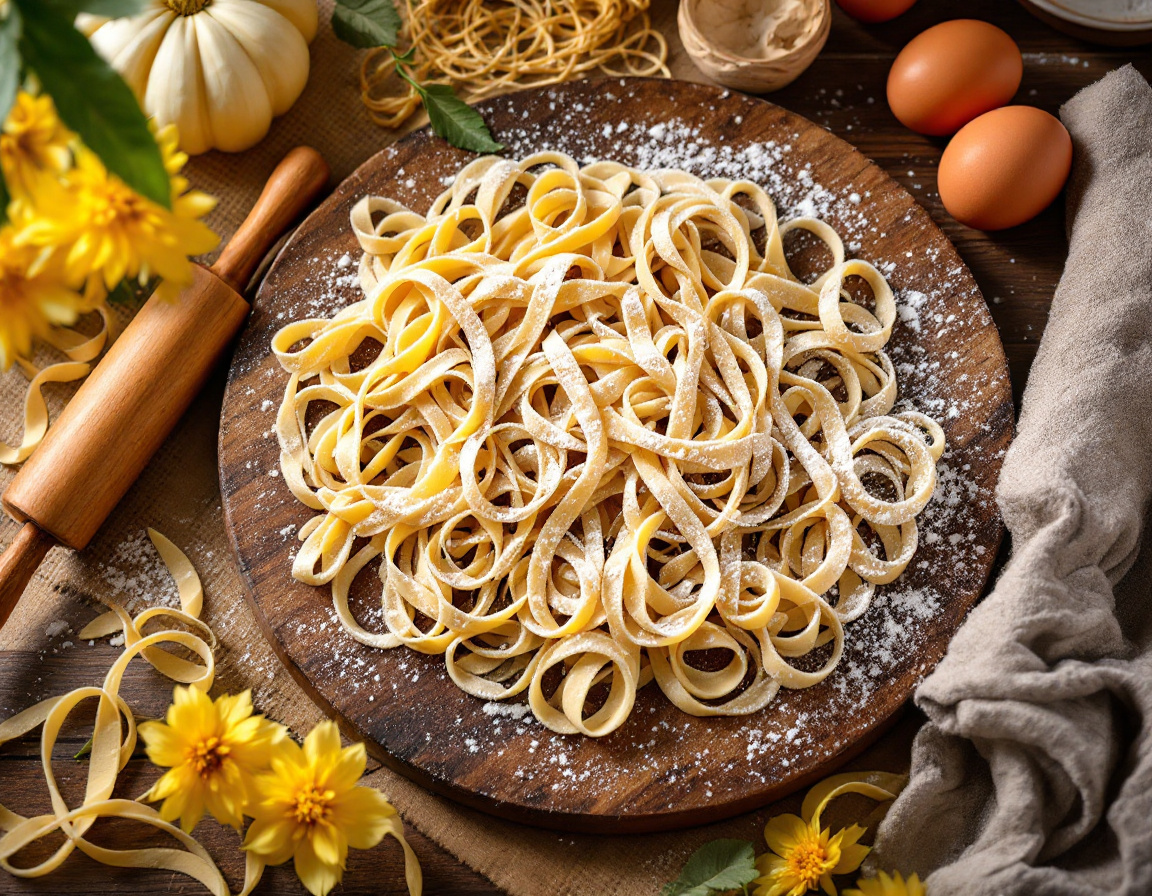 Fresh handmade Italian tagliatelle on a flour-dusted wooden board