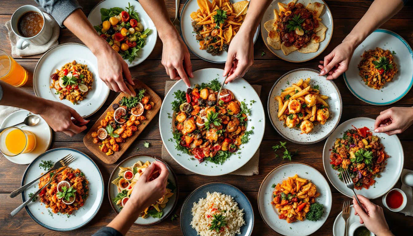 Hands sharing dishes at a communal table, food etiquette around the world