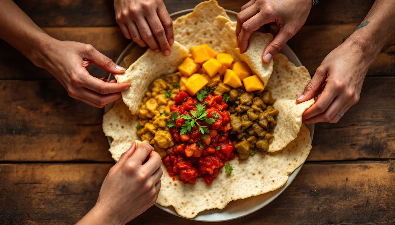 Hands tearing injera to scoop stew from a shared platter in Ethiopian dining