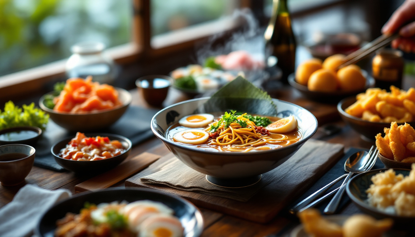 Japanese food spread with ramen, sushi, takoyaki and tempura