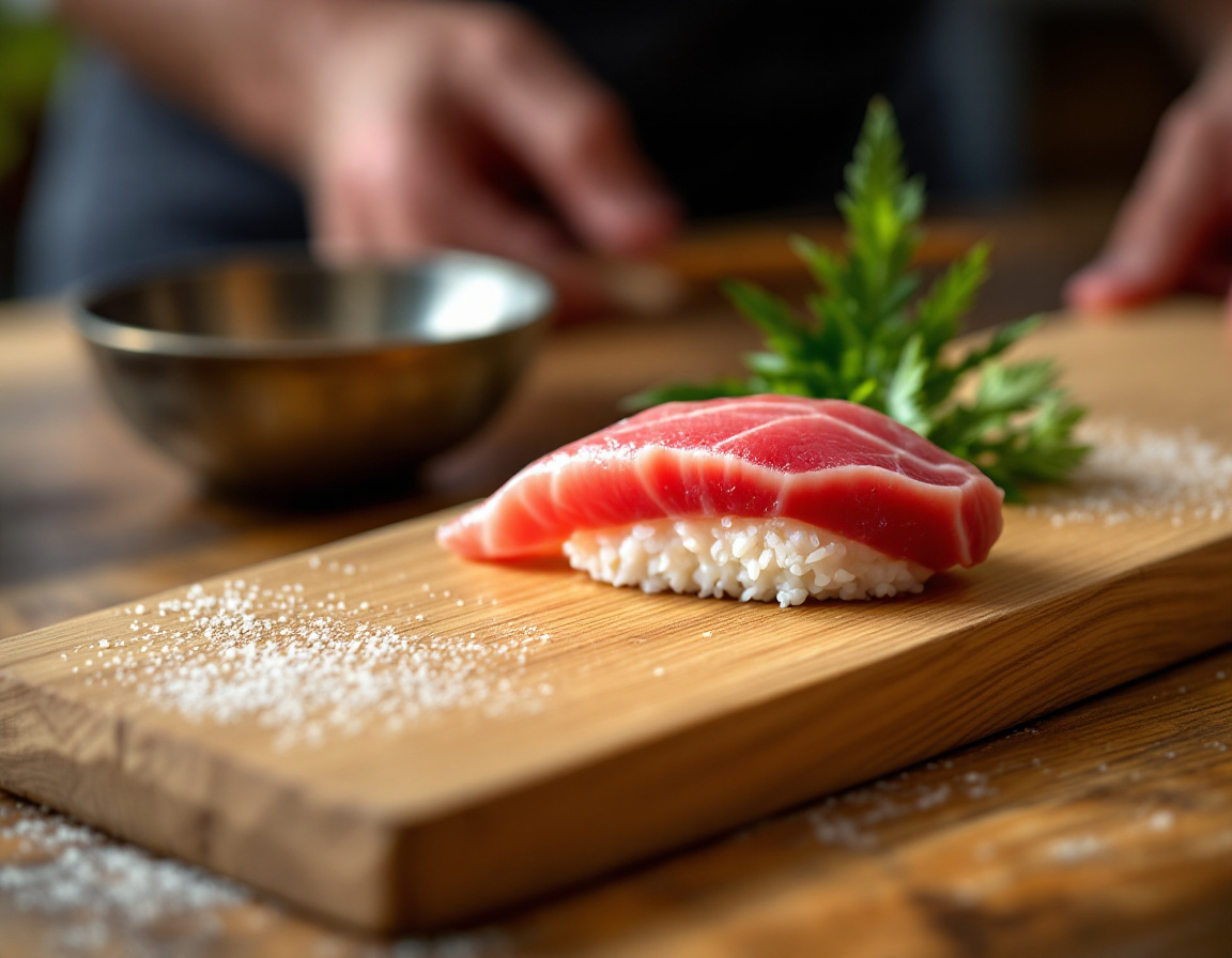 Tokyo omakase chef placing otoro tuna nigiri on a hinoki sushi counter