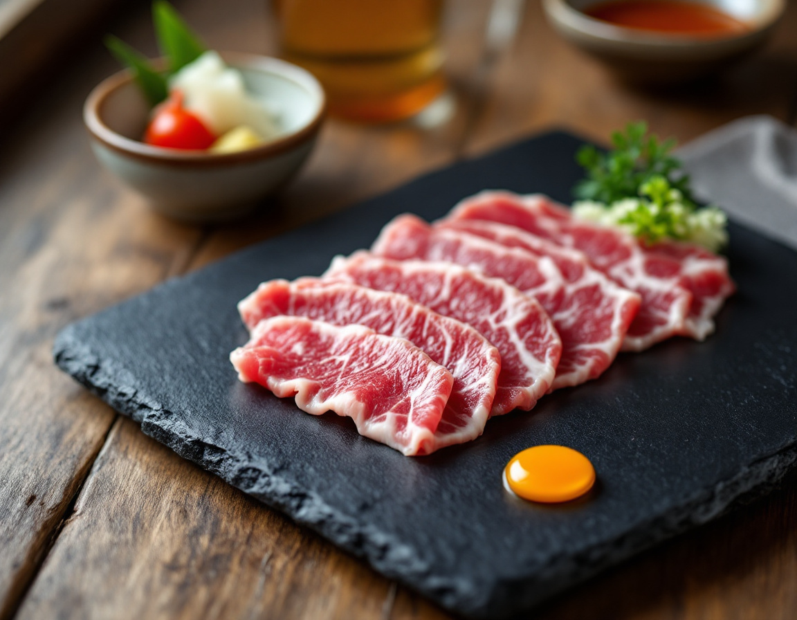A5 wagyu beef slices on a black slate plate in kaiseki style