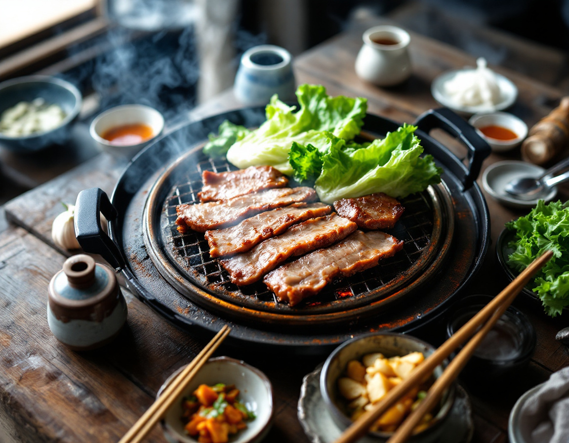 Korean BBQ samgyeopsal pork belly sizzling on tabletop grill with lettuce wraps and banchan