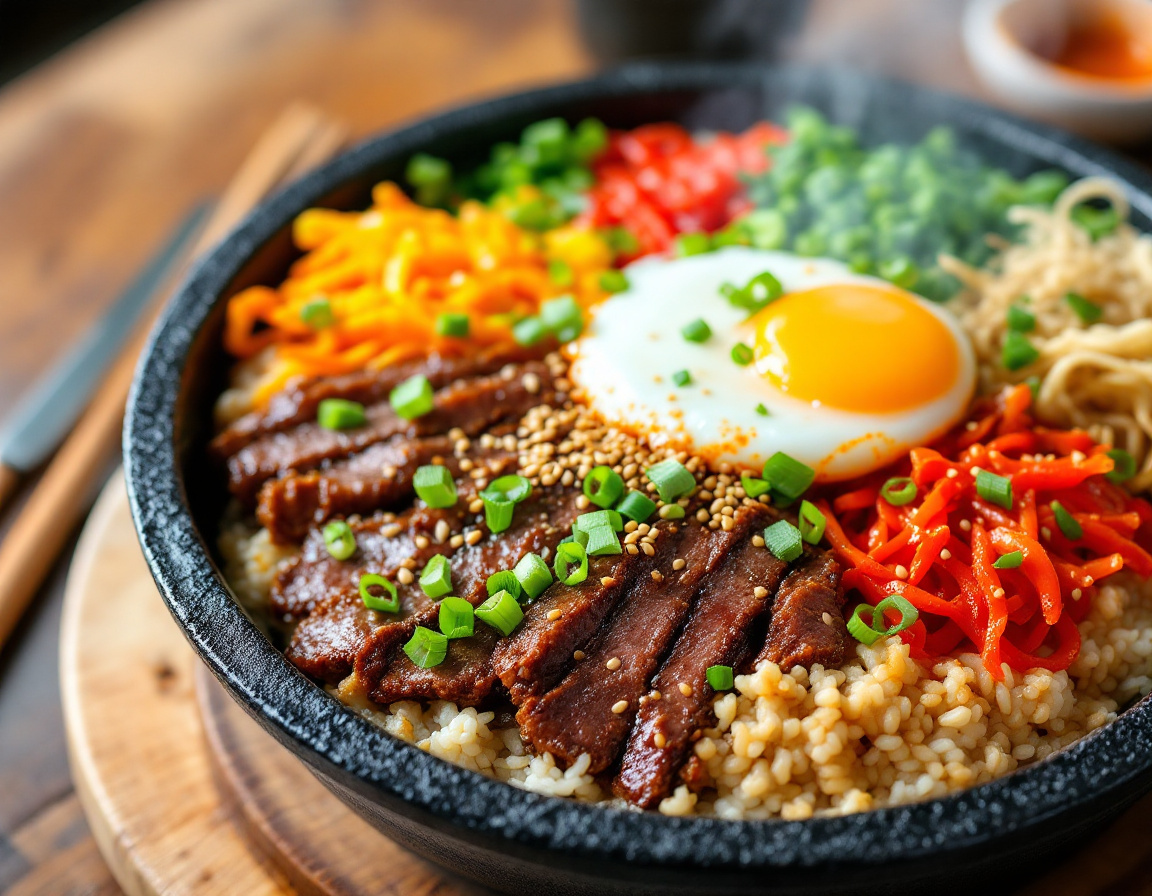 Korean dolsot bibimbap sizzling stone bowl with bulgogi and gochujang