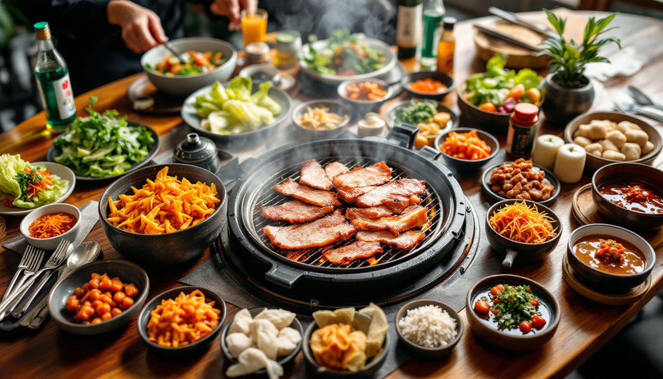 Korean feast with BBQ samgyeopsal, bibimbap, kimchi and full banchan spread