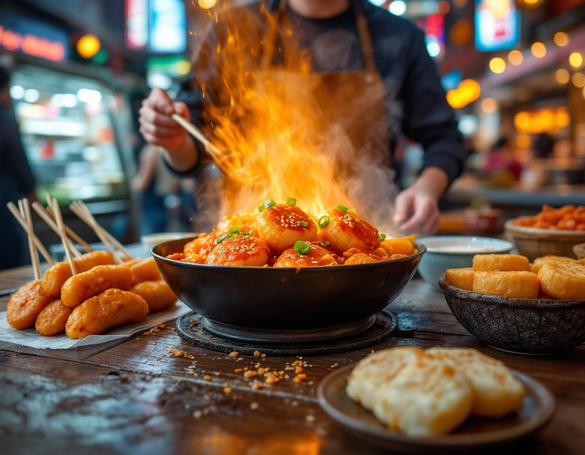 Korean tteokbokki rice cakes in spicy gochujang sauce at Myeongdong night market