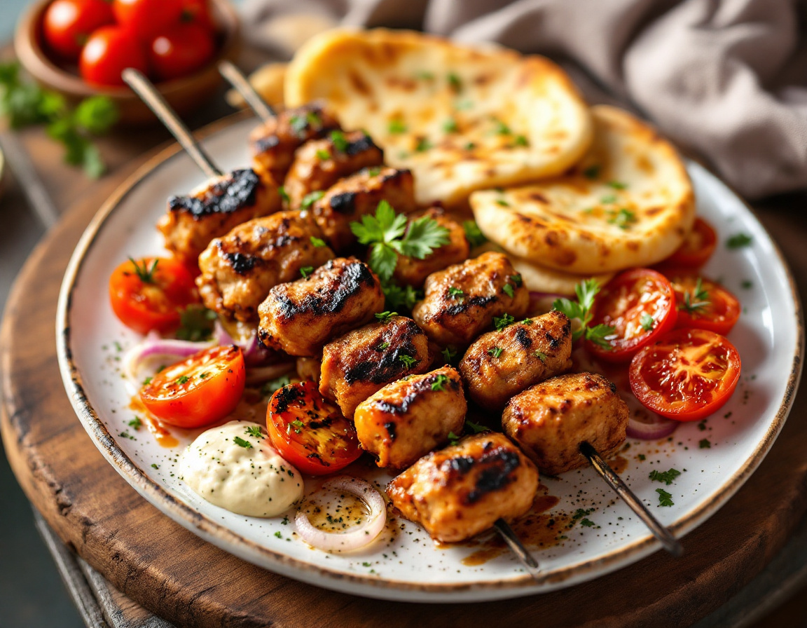 Lebanese charcoal-grilled shish taouk and kafta skewers with flatbread and garlic toum