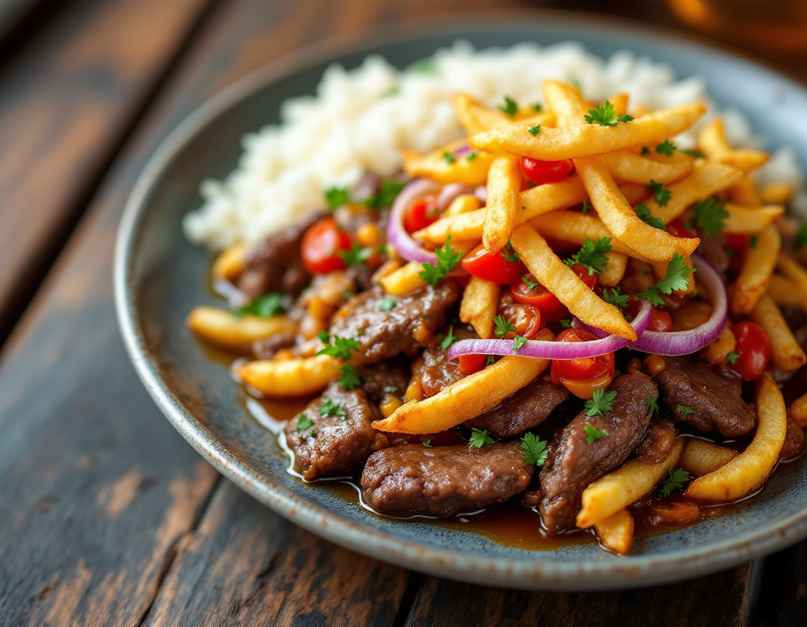Peruvian lomo saltado, stir-fried beef with onion, tomato and crispy fries over rice