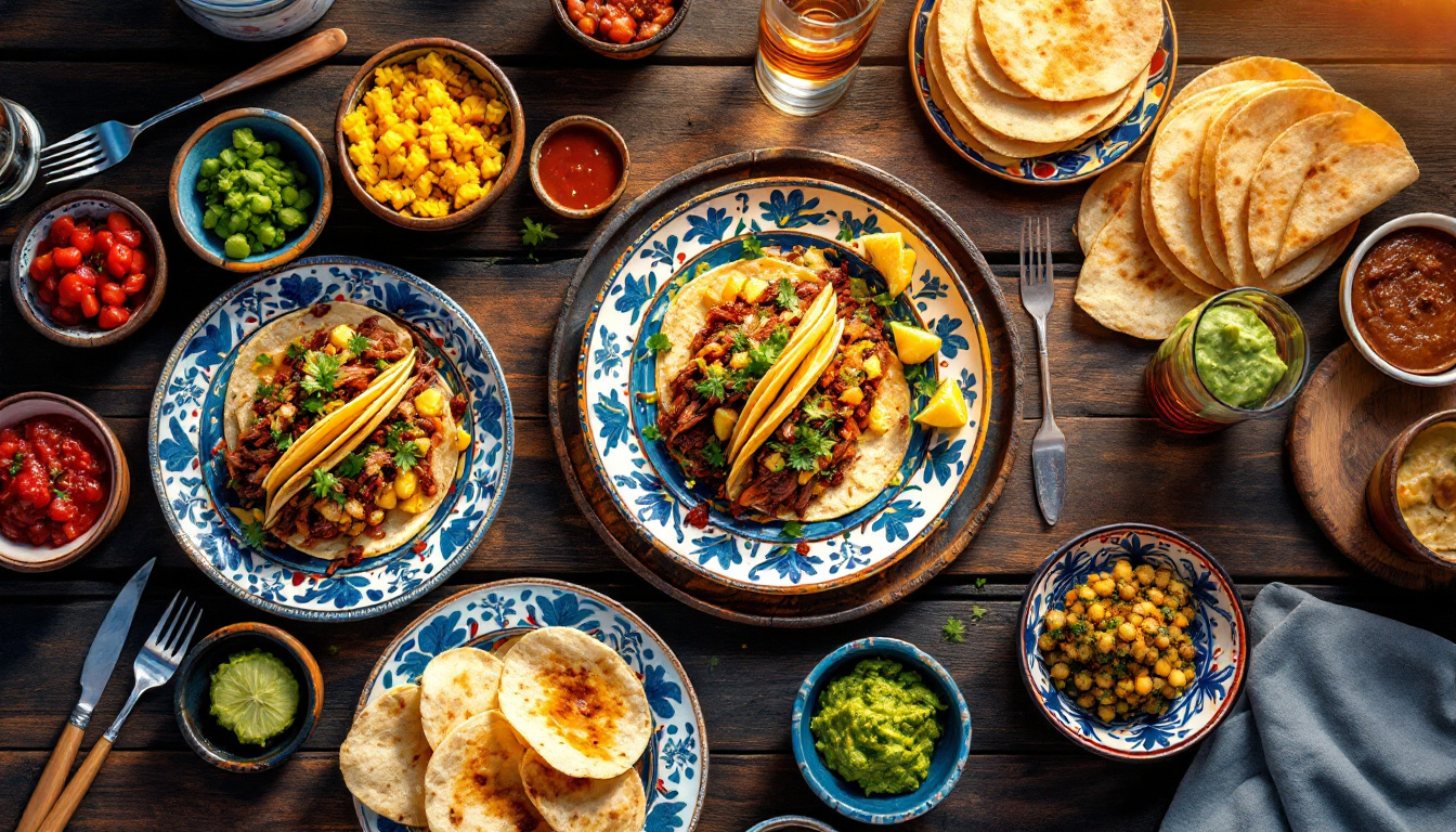 Mexican feast with tacos al pastor, mole, guacamole and fresh tortillas on ceramic plates