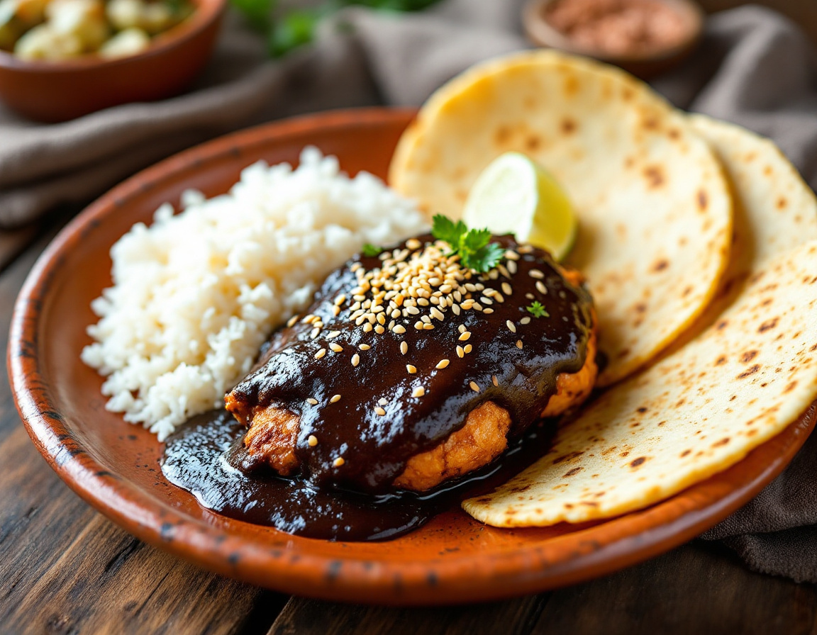 Mexican mole poblano sauce poured over chicken with sesame seeds and rice