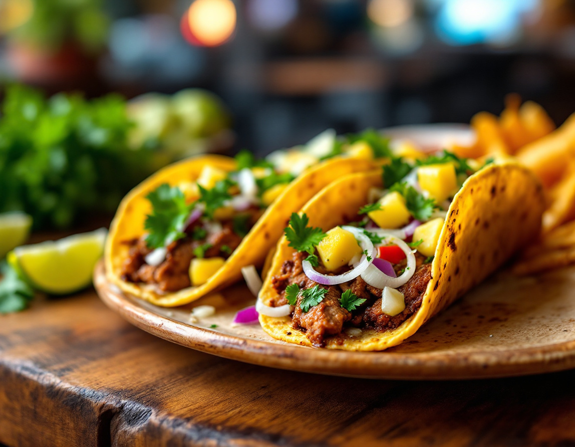 Tacos al pastor with marinated pork, charred pineapple, onion and cilantro on corn tortillas