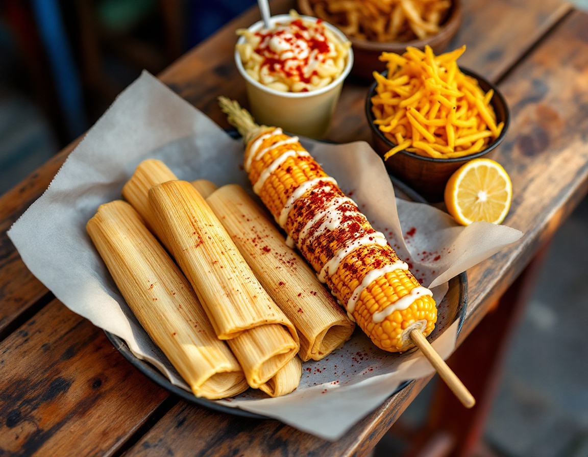 Mexican tamales in corn husks alongside grilled elote corn with chili, lime and cheese