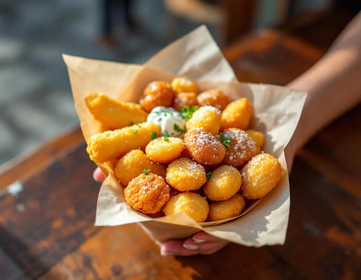 Neapolitan fried street food cuoppo with crocche, arancini and frittatine in a paper cone