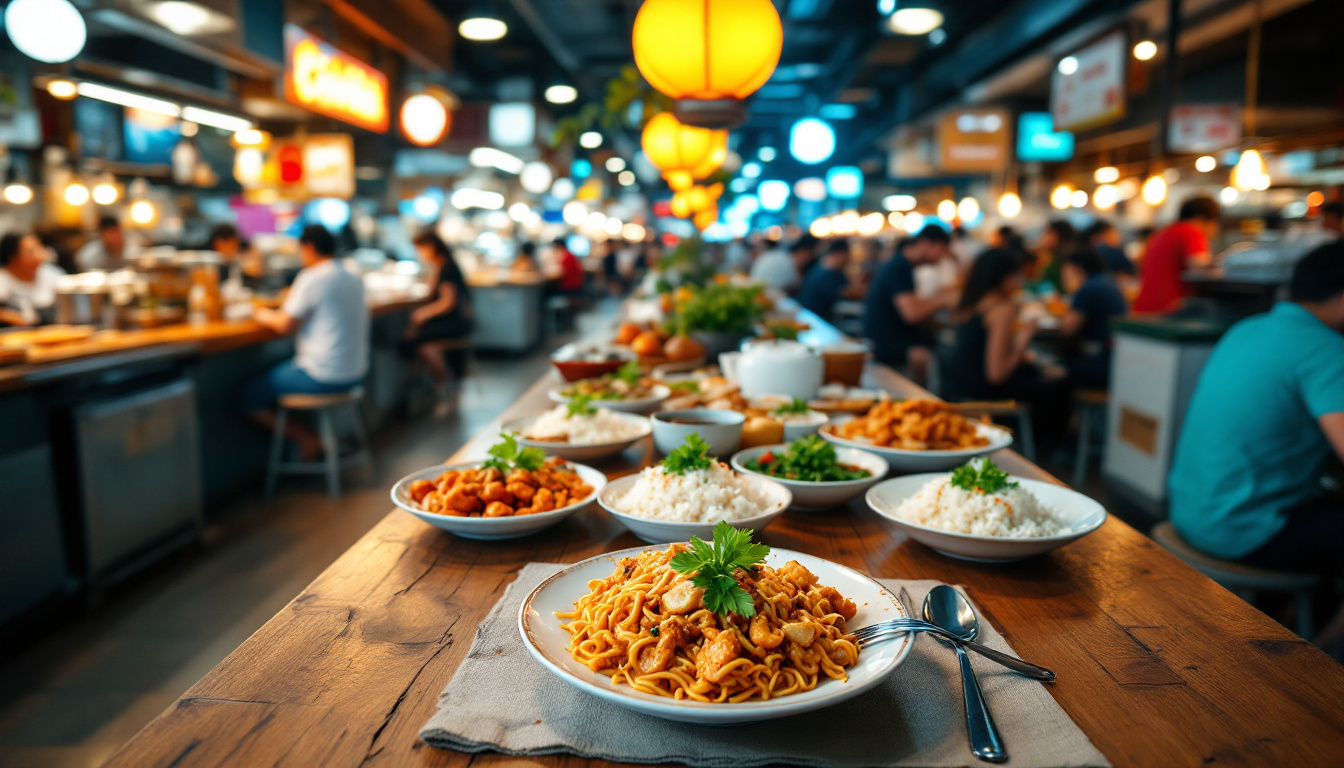 Rows of stalls and communal tables at a Singapore hawker center